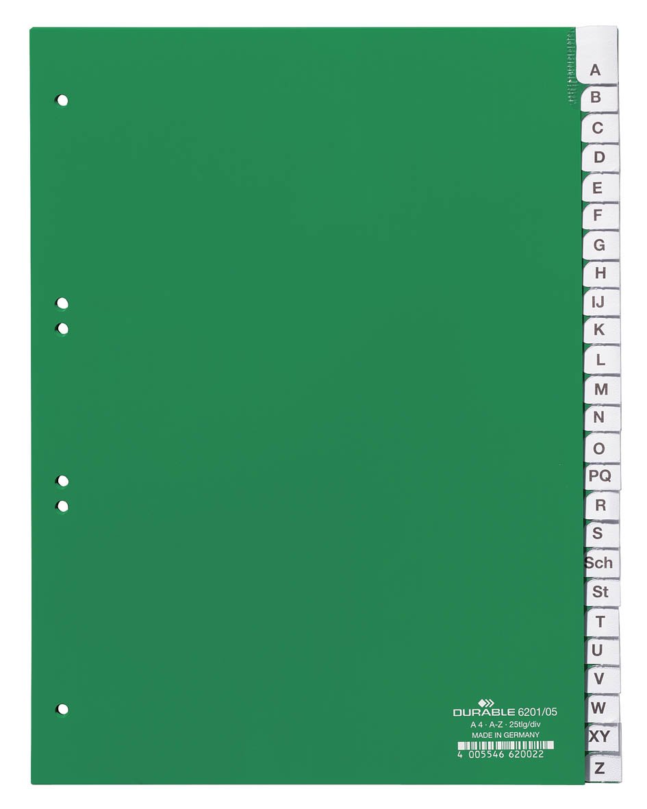 Durable A-Z Index Set 25 Part File - Includes Green Cover Sheet & 20 Dividers - Suitable For A4 Documents - Dimensions 297 x 215/230mm