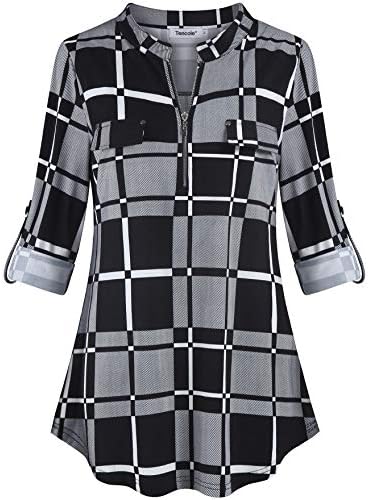 Tencole Women Rolled Sleeve Plaid Tunic Shirt Casual V Neck Zipper Front Blouse