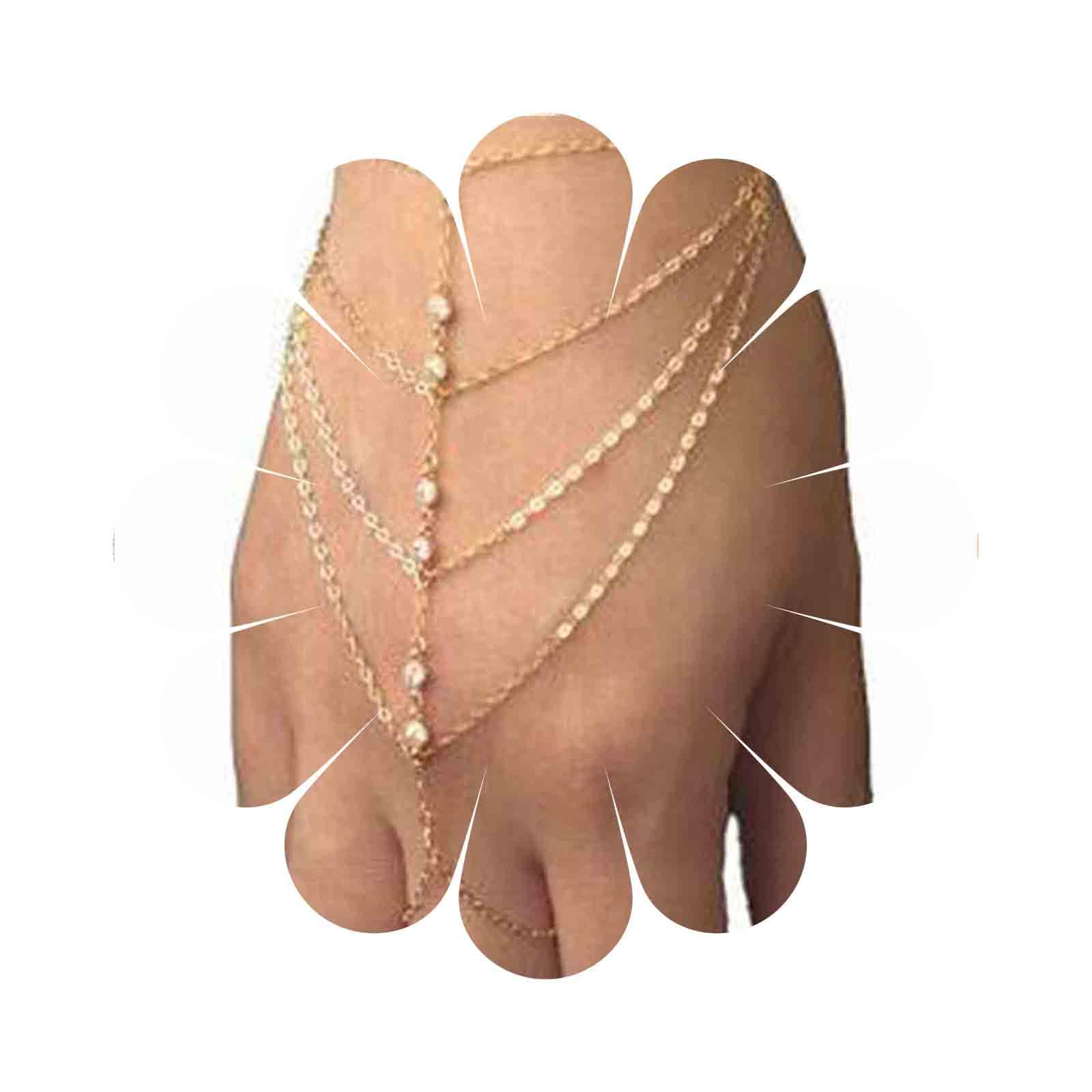 Yheakne Boho Finger Ring Bracelet Gold Rhinestone Slave Chain Bracelet Vintage Layered Tassel Bracelet Personalize Hand Chain Jewelry for Women and Girls Gifts (Style 1)