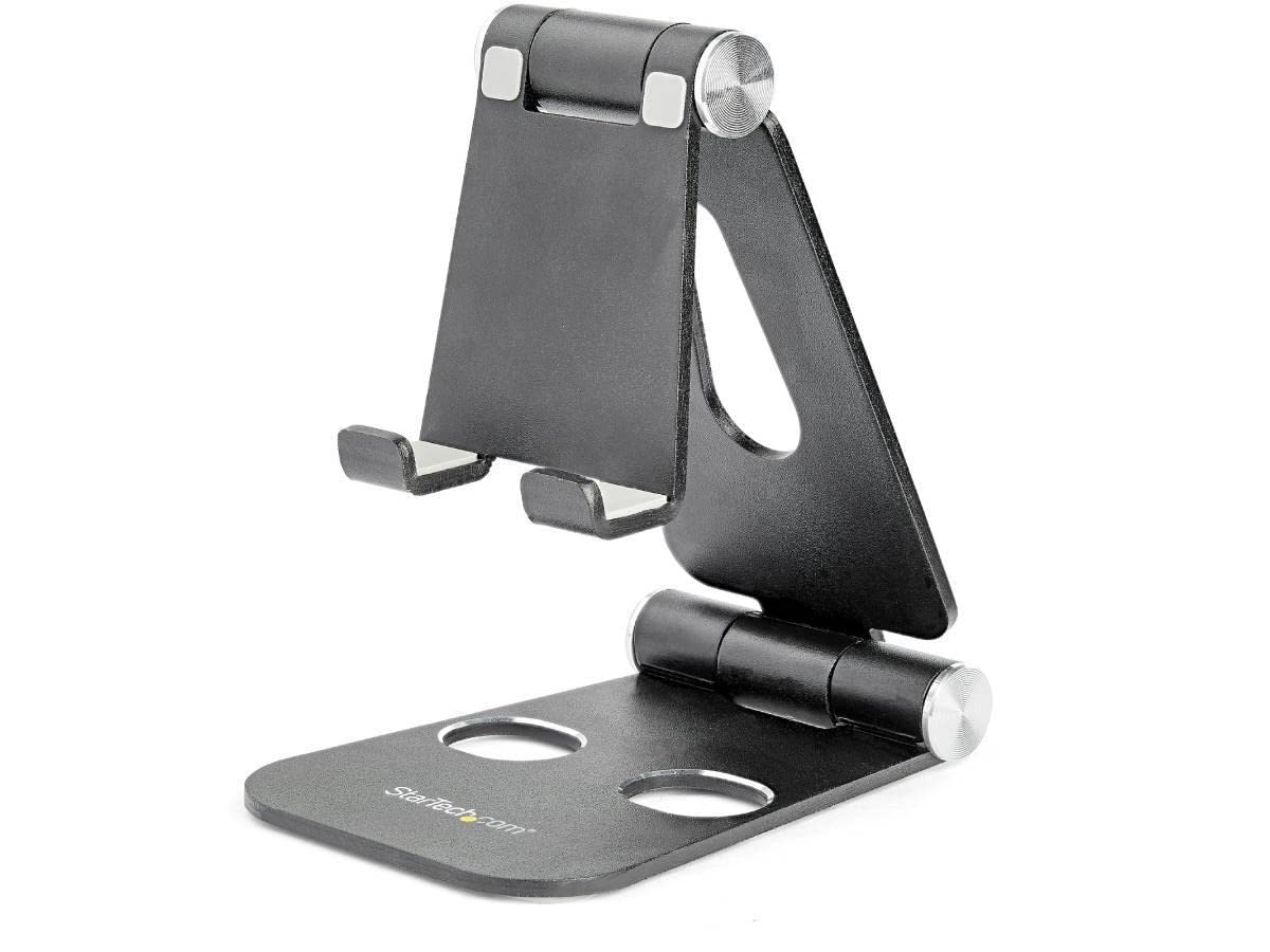 StarTech.com Phone and Tablet Stand - Foldable Universal Mobile Device Holder for Smartphones & Tablets - Adjustable Multi-Angle Ergonomic Cell Phone Stand for Desk - Portable - Black (USPTLSTNDB)
