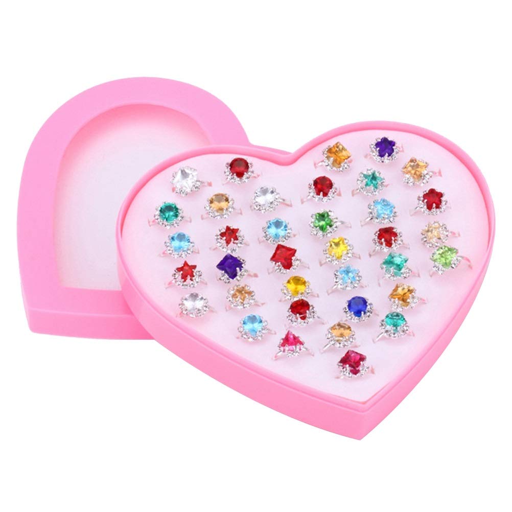 TOYMYTOY Adjustable Rings Set for Little Girls | 36pcs Multi-colored Plastic Heart Rings with Heart Shape Box, Birthday
