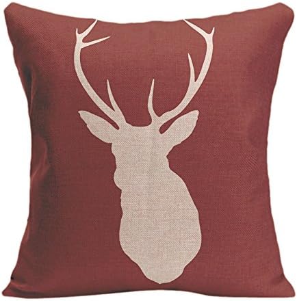 Cotton Linen Pillowcase Shape Of Deer Head Printed Cushion Cover Deep Red Back Used For Living Room Or Bedroom 20 x 20 inches / 50 cm x 50 cm