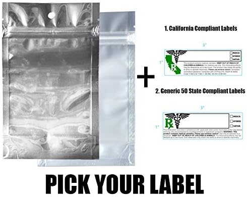 100 SMELL PROOF MYLAR BAGS w/ Rx Strain Labels Stickers - Silver (Generic Labels, 1/4 Ounce Bags)