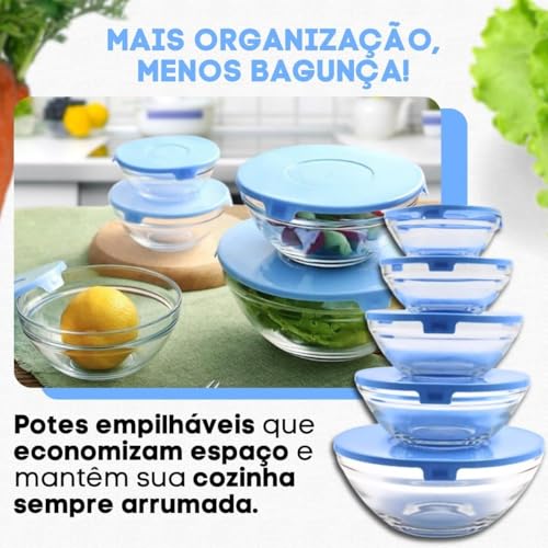 Kit Conjunto 5 Potes de Vidro Organizadores de Cozinha Tigelas de Vidro Armazenar Alimentos Saladas Frutas e Marmitas Tampa à Prova de Vazamentos Premium - Cores Sortidas