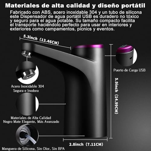Autbye Dispensador de Agua Garrafon Bomba Electrica con Carga USB, Negro | Bomba de Agua Portátil con 2 Modos. Ideal para Garrafón de 4.5L a 18.9L, Cocina, Camping y Oficina