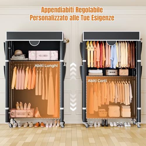 Himimi Coat Rack with Cover, Clothes Rack on Wheels, Heavy Load, Stable with Height Adjustable Shelf, Metal Open Wardrobe for Bedroom, 90 x 45 x 205 cm