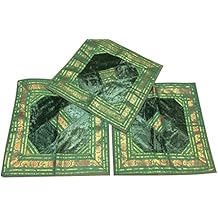 Set Of 3 Square Silk Cushion Cover Indian Sari Border Boho Green Toss Pillow Cases