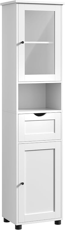 Mueble Baño, Armario Alto, Puerta de Cristal, Estrecho, con Patas