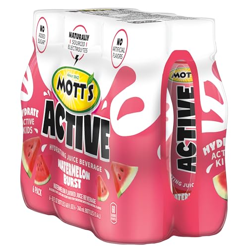 MOTT’S ACTIVE WATERMELON BURST HYDRATING JUICE BEVERAGE, 8 FL OZ BOTTLES, 24 COUNT (4 PACKS OF 6), MADE WITH NATURALLY SOURCED ELECTROLYTES & COCONUT WATER, GLUTEN & CAFFEINE-FREE, KOSHER