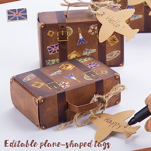 JOHOUSE Mini Suitcase Favor Box, 50PCS Travel Party Favors Vintage Kraft Cardboard with Tags and Burlap Twine for Wedding Party Bridal Shower Travel Party Decorations
