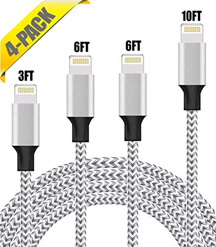 iPhone Charger, Charging Cable, 4Pack 3FT 6FT 6FT 10FT to USB Syncing Data and Nylon Braided Cord Charger Compatible with iPhone/XS/XR/X/8/8 Plus/7/7 Plus/6S/6 Plus/iPad iPod More (Silver&Gray)