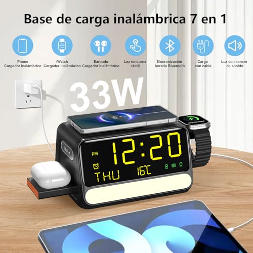 Soporter Cargador Inalámbrico 7 en 1 con Reloj y Luz Nocturna, Estación de Carga Rápida 33W para iPhone 17/16/15/14/13/12, Apple Watch, AirPods y Samsung S26 S25 Ultra Watch