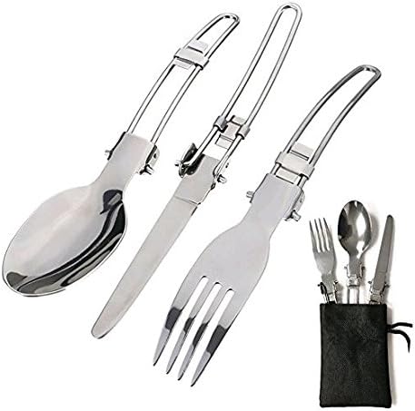 Petpuppy 3 in 1 Outdoor Tableware Camping Stainless Steel Folding Knife Spoon Fork with Bag