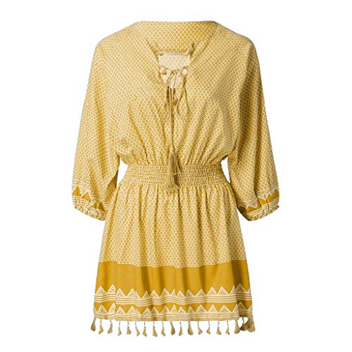 Women Bohemian Neck Tie Vintage Printed Ethnic Style Mini Dress Summer Retro Tassel Long-Sleeved Casual Beach Dress Yellow