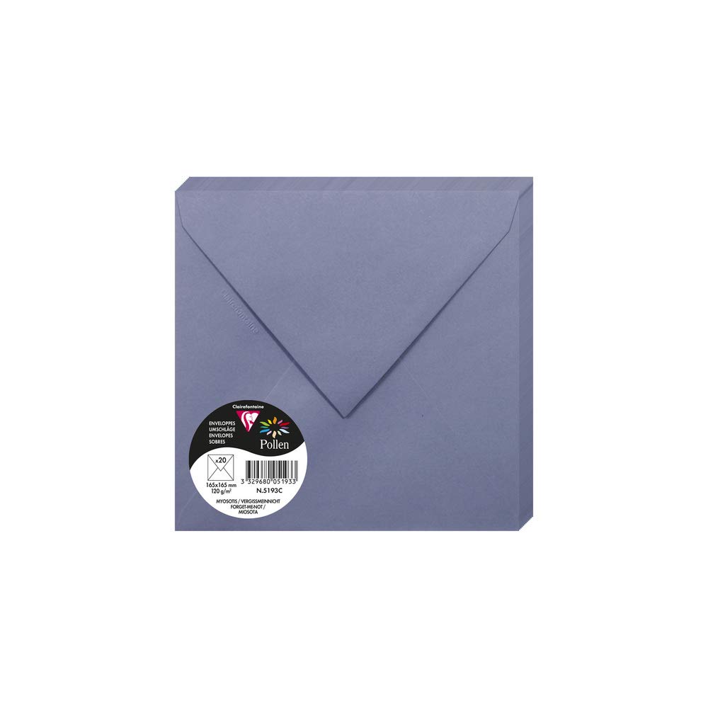 Clairefontaine 5193C Pack of 20 Gummed Envelopes Square 16.5x16.5cm 120g/m² Forget-me-not Colour Invitation Events Correspondence Pollen Range Premium Paper — image 1