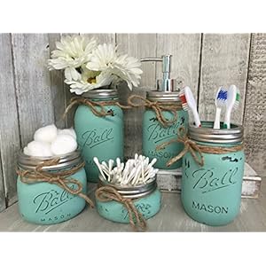 Painted Mason Jar Bathroom Set Of 5 Seaglass Green Rustic Distressed Farmhouse Decor Bathroom Soap Dispenser Painted Beachfront Decor