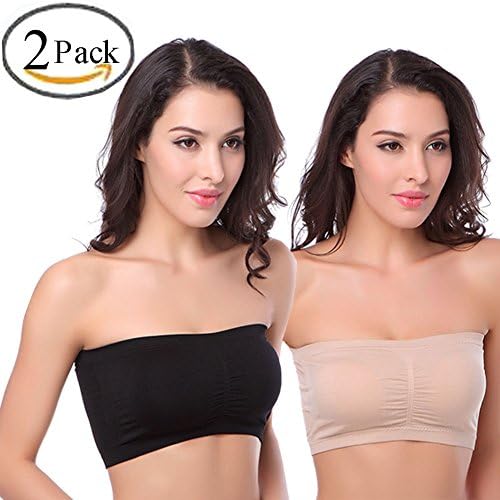 KoolHour Womens Padded Bralette Bandeau Crop Tube Top Bra Plus Size Support Strapless Seamless Wirefree Stretchy Tube Top Bralette,Black Nude 2 Pack,Large