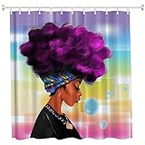 Women Black shower curtain，ZBLX African Women with Purple Hair Hairstyle- Waterproof Mildew Resistant Fabric Polyester 100% Shower Curtain.