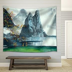 Chinese Mountains, Fog, Autumn and Lake - Fabric Wall Tapestry Home Decor - 51x60 inches