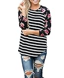 Sarin Mathews Women's Crew Neck Stripes Printed Floral 3/4 Sleeve Tops T-Shirt