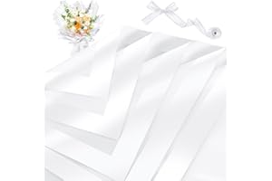 ZORRITA 20 Sheets Flower Bouquet Wrapping Paper, Waterproof Flower Wrapping Paper with Pearlescent Edge and Ribbons Floral Paper for Florist Supplies, 22.8 x 22.8 Inch (White)