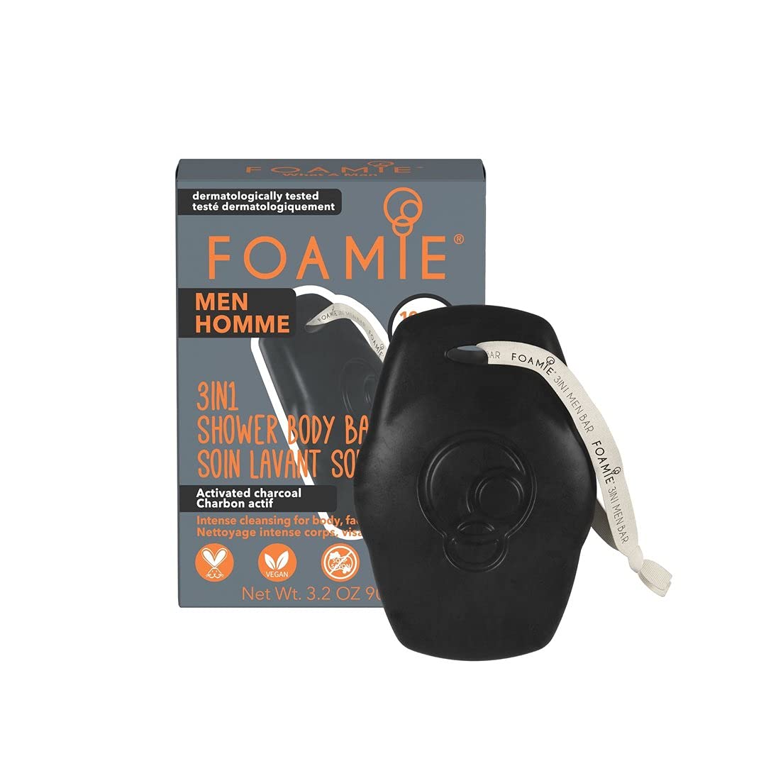 Foamie Shower Gel Men I "What a Man" 3-in-1 Soap Bar for Men with Activated Charcoal I Solid Shampoo, Facial Cleanser and Body Wash I Vegan, No Plastic I 90g