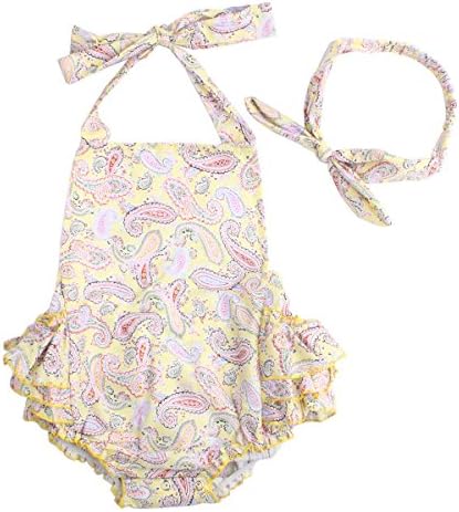 Baby Girls 2pcs Sets Cotton Ruffles Romper Outfits Clothes (M:12Months, Yellow Cashew)