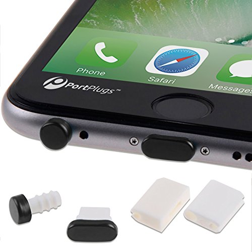 PortPlugs - Aluminum Finish Dust Plug Set - Charger and Headphone Jack Plugs- Compatible iPhone 5, SE, 6, 6s, Plus, iPad Air, iPod 5, 6 â€“ Includes Holders