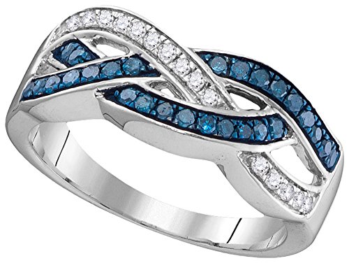 10kt White Gold Womens Round Blue Colored Diamond Crossover Band Ring 1/3 Cttw (I2-I3 clarity; Blue color)