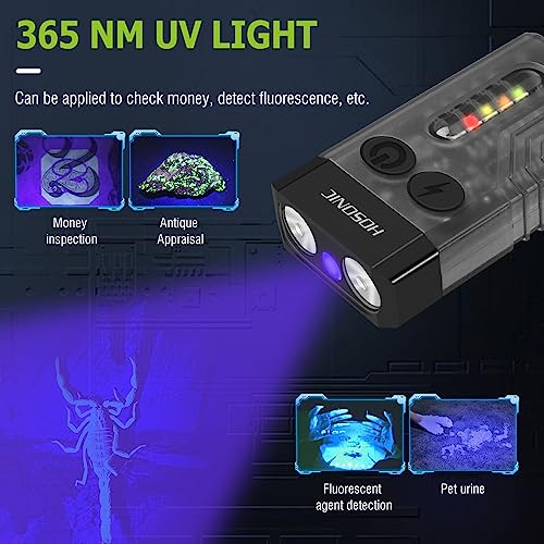 HOSONIC E9 Small Powerful LED Flashlight 1000 Lumens, Mini Keychain Rechargeable Flashlights with 365nm UV and Color Light, 12 Flashlight Modes, Magnetic, IPX4 Waterproof