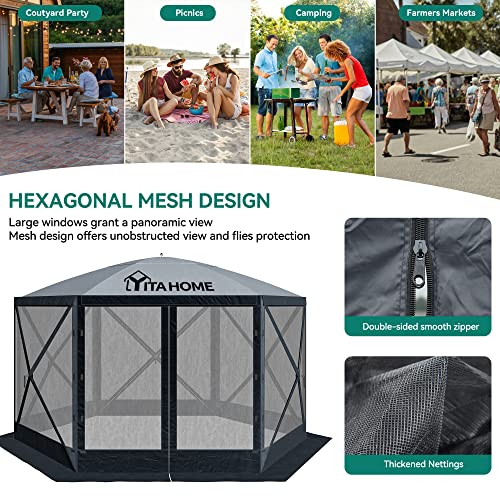 YITAHOME 11.5x11.5ft Camping Gazebo, Portable Pop Up Canopy Outdoor Screen Tent 6 Sided with Mesh Windows and Carry Bag for Camping, Picnic, Backyard Party Outside Activities, Gray image 22