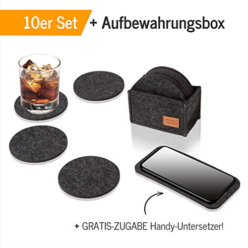 DINING concept® Filz Untersetzer Gläser Filz rund im 10er Set dunkelgrau mit Box & GRATIS Handy Filzuntersetzer I… – Bild 3
