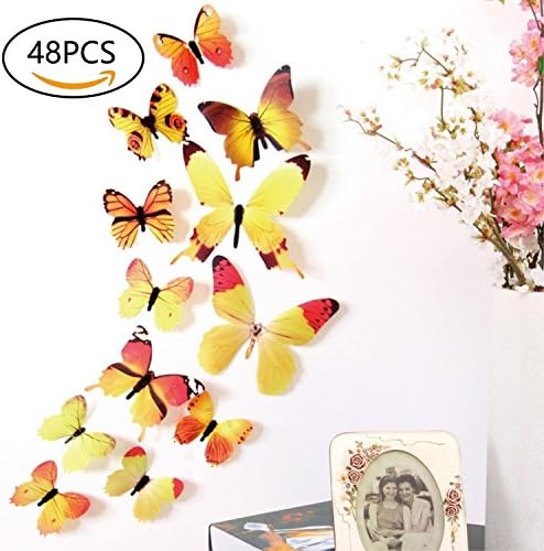 48 PCS Removable 3D Butterfly Wall Stickers Decals DIY Wall Art Decor Home Wall Decoration Sticker Mural for Kids Girls Children Bedroom Living Room Background Nursery (Yellow)