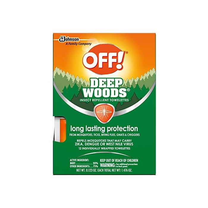 OFF! Deep Woods Mosquito and Insect Repellent Wipes, Long lasting, 12 Individually Wrapped Wipes