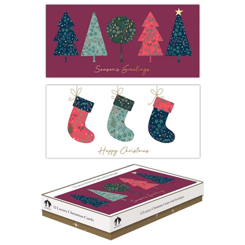 Tallon Festive Wonderland XCA0217 Luxury Slim Christmas Xmas Cards, Box of 12, Contemp Trees & Stockings
