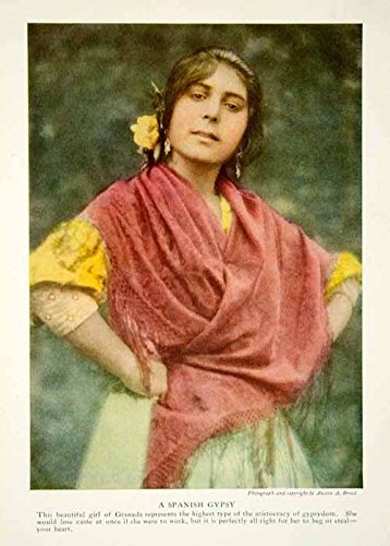 1917 Color Print Spanish Gypsy Dress Traditional Costume Historical Image NGM5 - Original Color Print