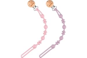 KALOVIN Soft Silicone Teether Pacifier Strap with Clip Baby Teether Toys,2Pack Soft Flexible Binky Clips with Texture (Baby Pink/Soft Lilac)