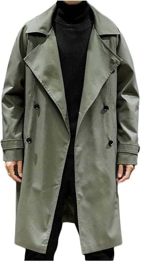 PASOK Men's Double Breasted Trench Coat Casual Lapel Business MidLong Windbreaker Jacket with