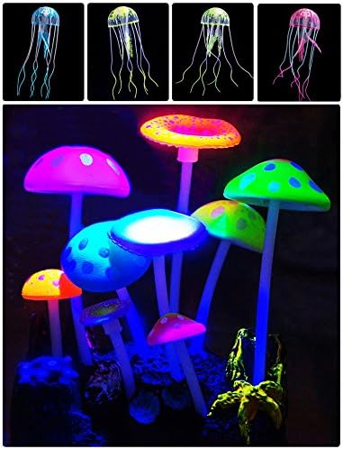 Aquarium Decorations , 4 Pcs Glowing Jellyfish + 1 Pc Glowing Mushroom combination