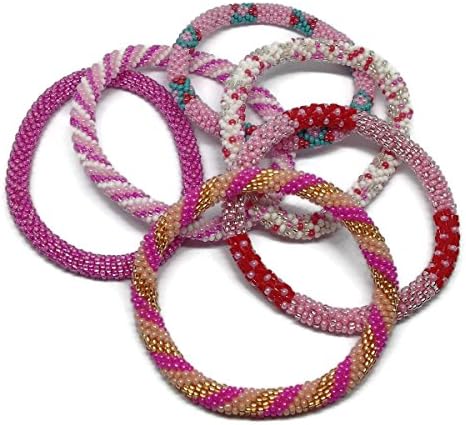 Kissed Karma Nepalese Glass Seed Beads Roll on Nepal Bracelets. 6 Pcs Pink Themed Mix.