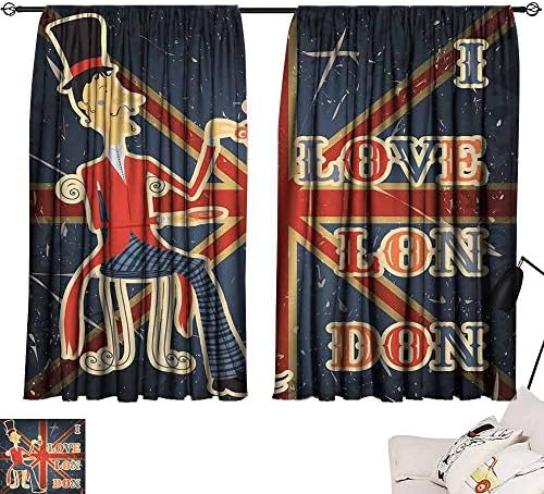 Insulated Sunshade Curtain British Love London Quote with English Man on UK Flag Backdrop National Design Children's Bedroom Curtain W63 x L63 Gold Dark Blue Red
