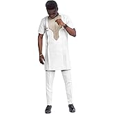 African Suits for Men Embroidery Short Sleeve Shirts and Pants 2 Piece Set Dashiki Outfits Wedding Evening