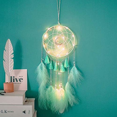 Lookathot Dream Catchers Handmade Dreamcatcher Feather with Light for Home Wall Hanging Wedding Decorations Car Ornament Craft Gift Bag Package (Style13(Green Tassel with Light))
