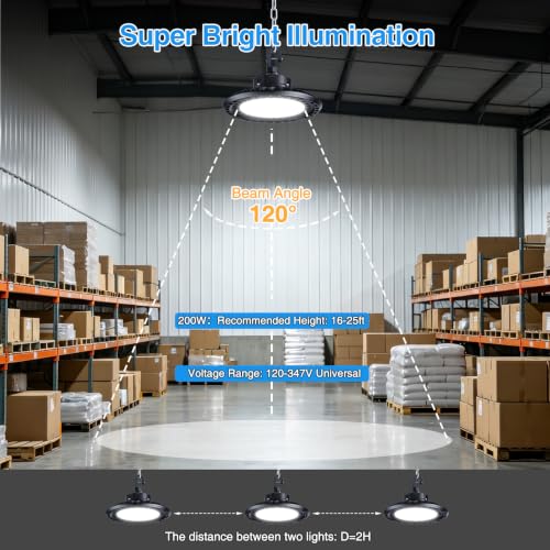 G GJIA 4Pack 200W UFO LED High Bay Light, Adjustable of 30,000LM High Bay LED Shop Lights, 150LM/W, 0-10V Dim, 120-347V, 5000K Daylight Waterproof for Warehouse Workshops - UL Listed