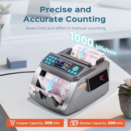 Bonvoisin Professional Banknote Counter, Value Count for Mixed Denominations in Euro, Money Counter Machine with False Detection UV/MG/IR/MT/DD, Banknote Counter 1000 Banknotes/Min (EU)