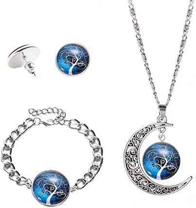 Momangel Tree of Life Pendant Necklace Earrings Bracelet Jewelry Set for Women (Sapphire Blue)