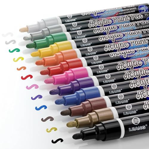 12 Colors Acrylic Paint Pens, Delivers Accurate Lines, Acrylic Paints Waterproof Outdoor Marker for Rock Painting, Glass, Ceramic, Metal, Wood, Canvas, Halloween Pumpkins Christmas Cards Ornament.