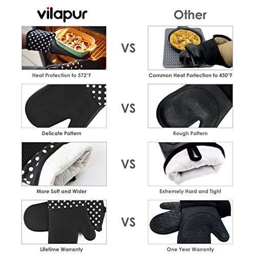 vilapur Silicone Oven Mitts - Heat Resistant to 572 °F Kitchen Oven Gloves for Cooking, Baking, Barbebue Potholder, Cooking Gloves 1 Pair, Black - Thumbnail 5