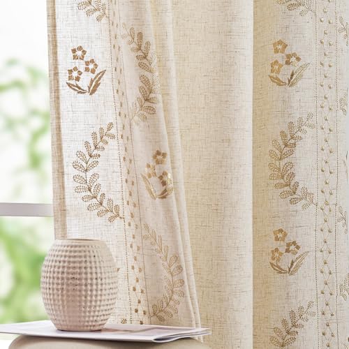 JINCHAN Linen Curtains for Bedroom Floral Curtains 84 Inch Length Linen Blend Beige Embroidered Drapes Farmhouse Flower Patterned Drapes for Living Room Window Treatments Set 2 Panels