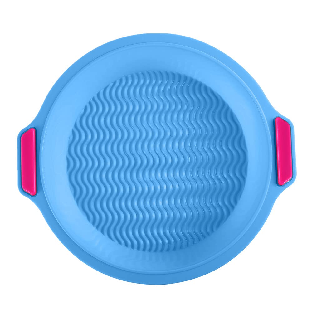 KeepingcooX® Upgrade Non Stick Silicone Round Cake Tin with Textured Grips, 23.5 cm/9 in, Beautiful Wavy Line Design, Bright Colors - Green/Blue